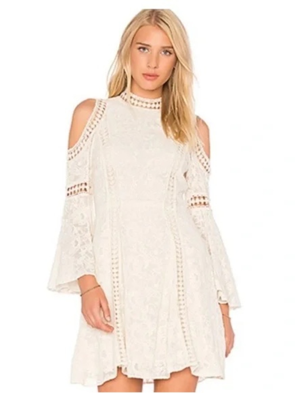 ALICE + OLIVIA - COLD SHOULDER CROCHET EMBROIDERED CHIFFON MINI DRESS - SIZE 8